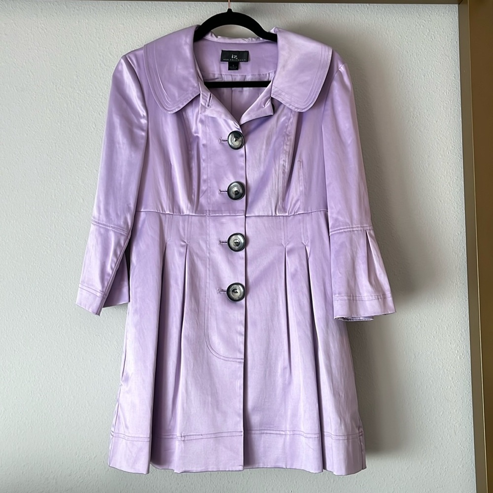 Long pearlescent lavender jacket with pearl like finish on buttons